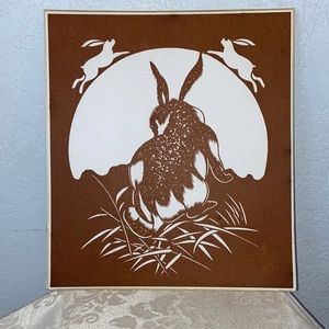 PaperCutting Art with Brown Rabbit Image.  Vintage art. Spring or Easter Decor.